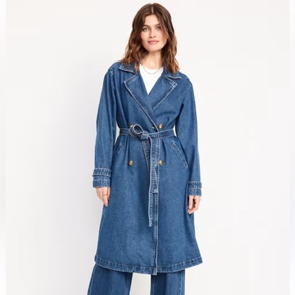 Old Navy Jean Trench Coat Womens Medium Petite Blue Denim Double Breasted Belted